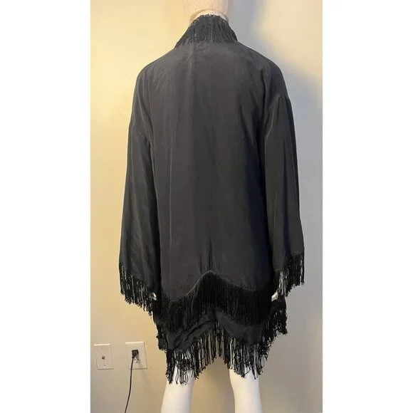 RARE!  WINTER KATE BLACK VINTAGE SILK FRINGE BOHO STEVIE KIMONO JACKET - Picture 7 of 9